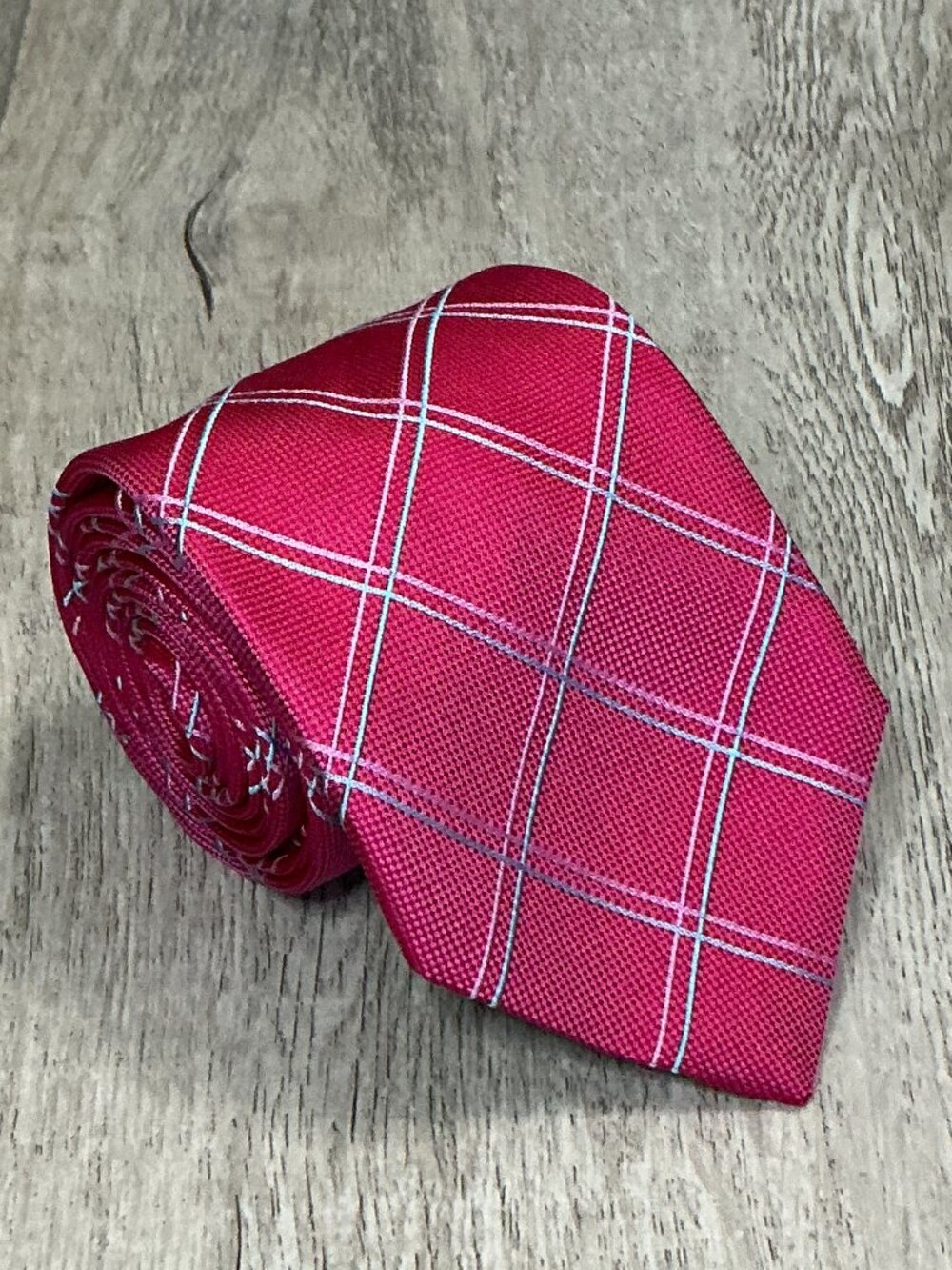 Thomas Pink Silk Tie Magenta Pink Windowpane Plaid Men's